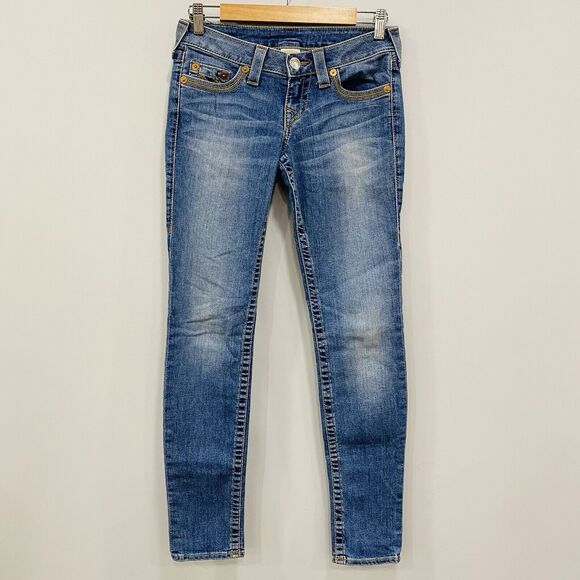 TRUE RELIGION 26 NWOT Skinny Gold Arrow Big T Low Rise Embroidered Y2K Jeans - Picture 2 of 16